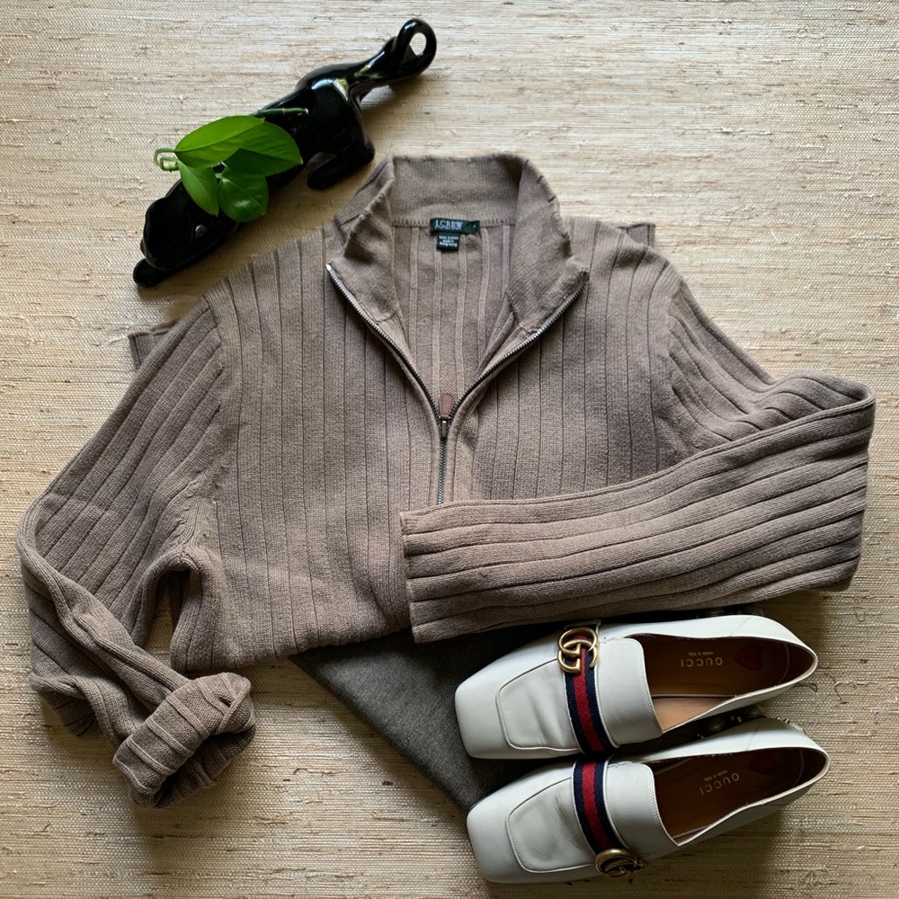 J.Crew Taupe Cotton Mock Neck Zip Front Cardigan